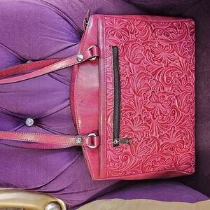 Elegant PATRICIA NASH Red Leather Embossed  Tote Camwl Brown Suede Interior